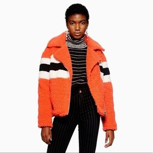 Topshop Orange Striped Teddy Sherpa Jacket